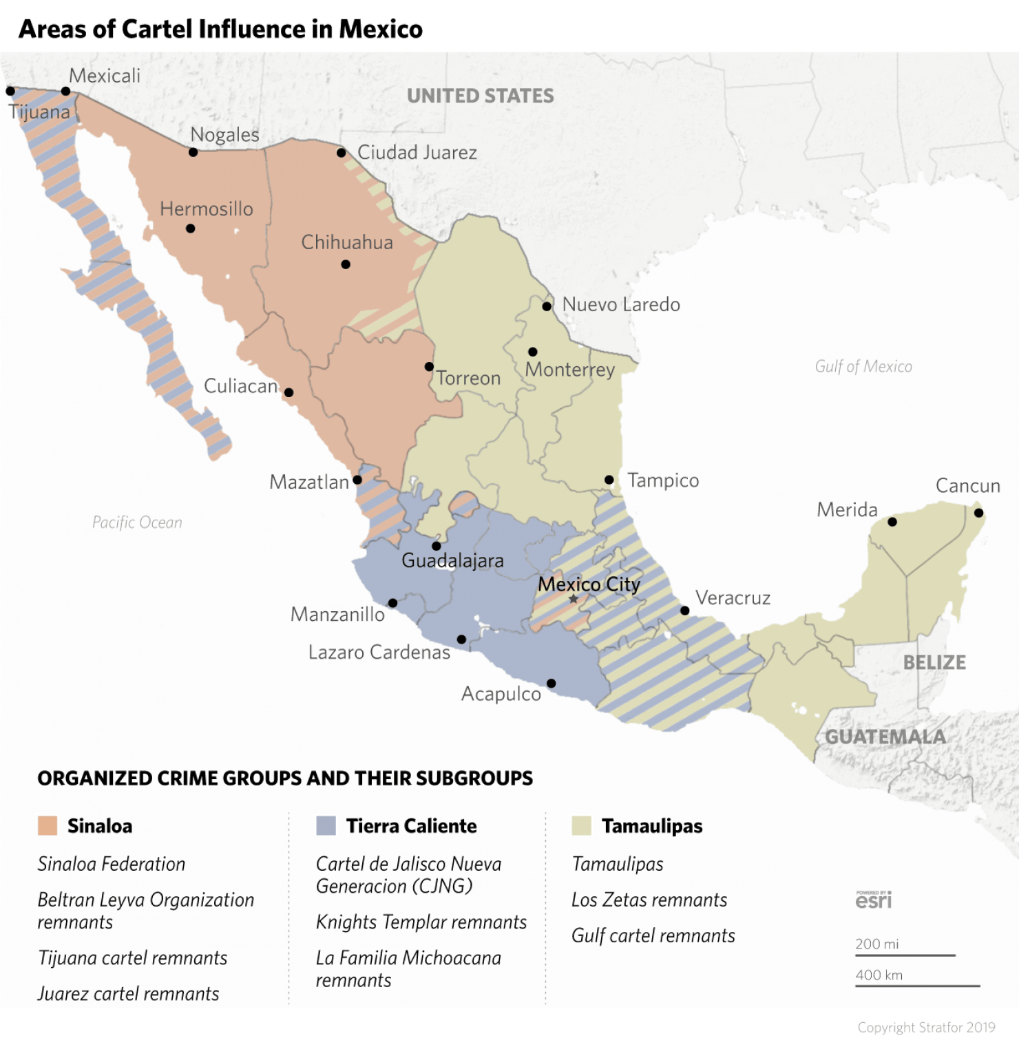 This map shows the current areas of cartel control in Mexico.