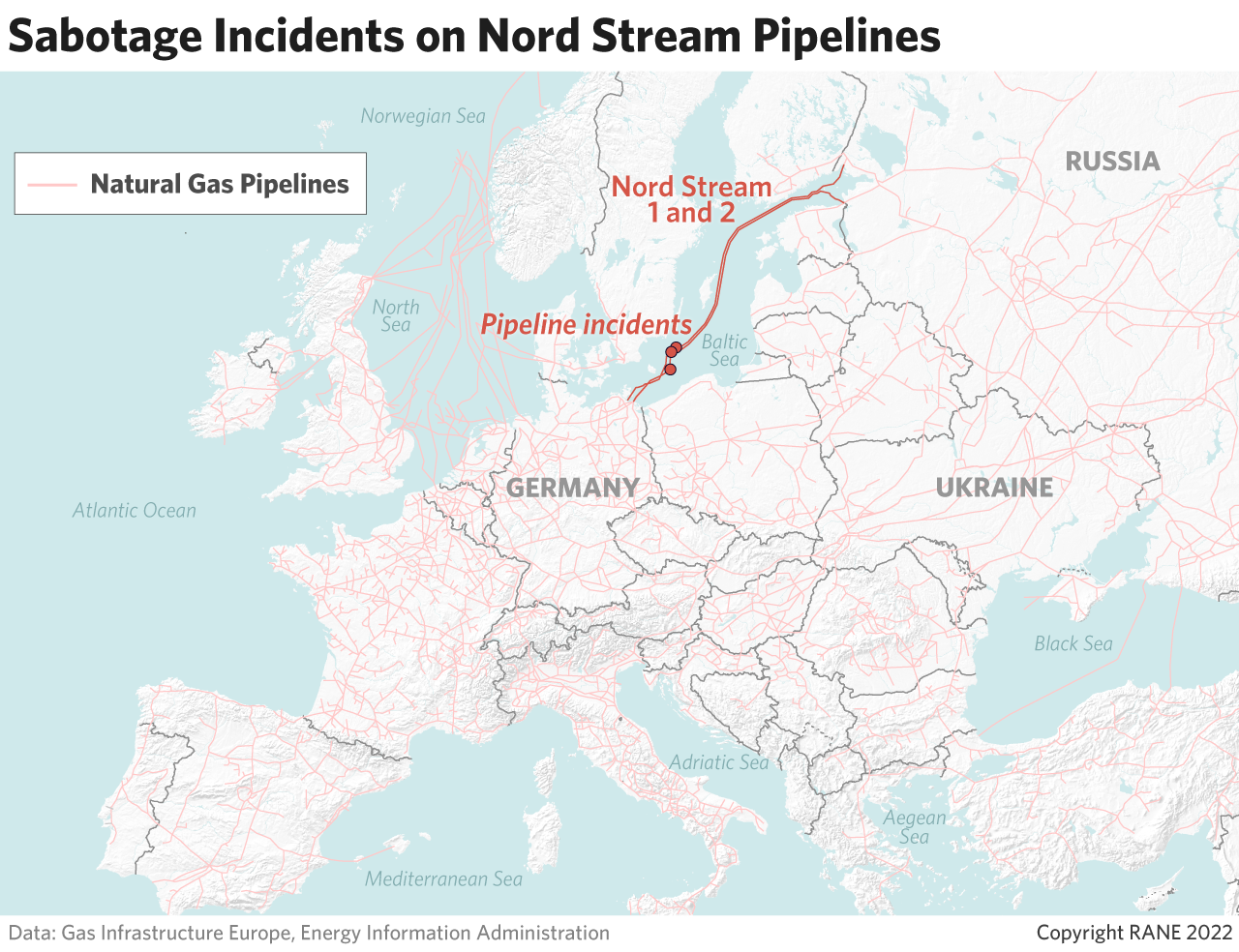 Map of Nord Stream pipeline and locations of leaks