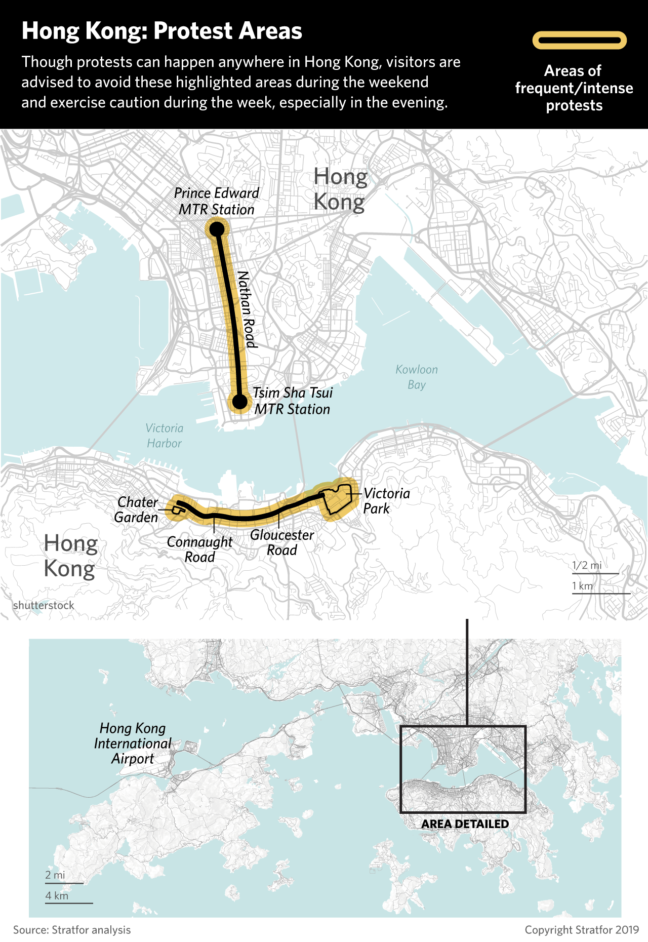 This map shows areas where there is a high probability of protests in Hong Kong.