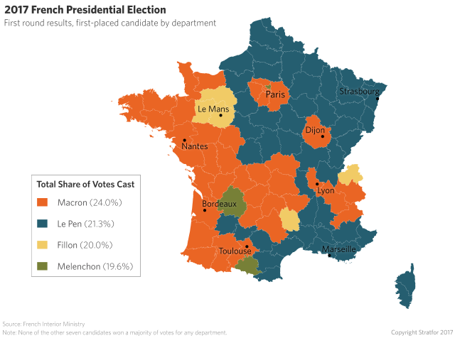 2017 French Presidential Election: First round results, first-placed candidate by department