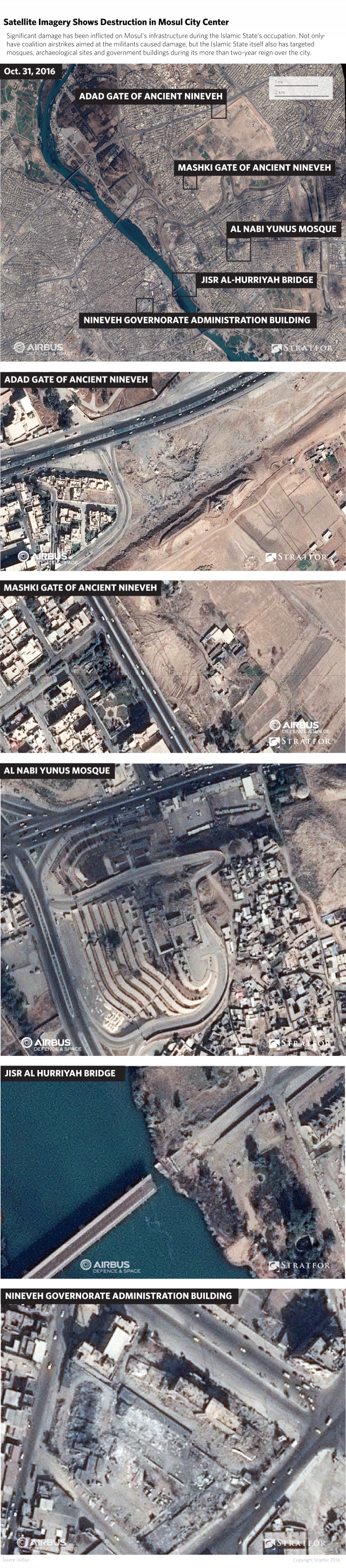Apart from archeological and religious sites, the satellite imagery also shows that the Islamic State recently damaged several of Mosul's government buildings.