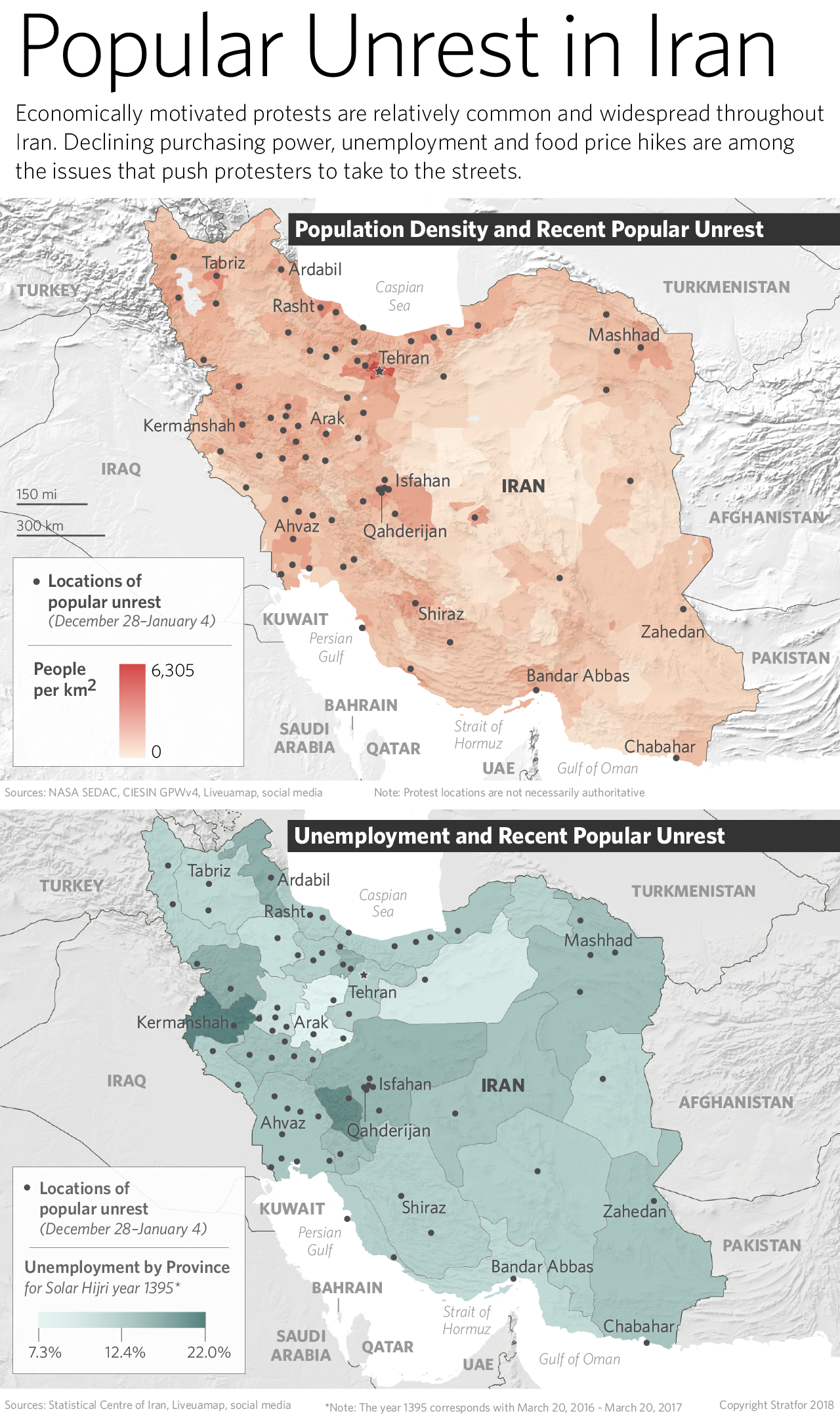 Maps Showing Iran's Population Density, Unemployment and Protest Sites