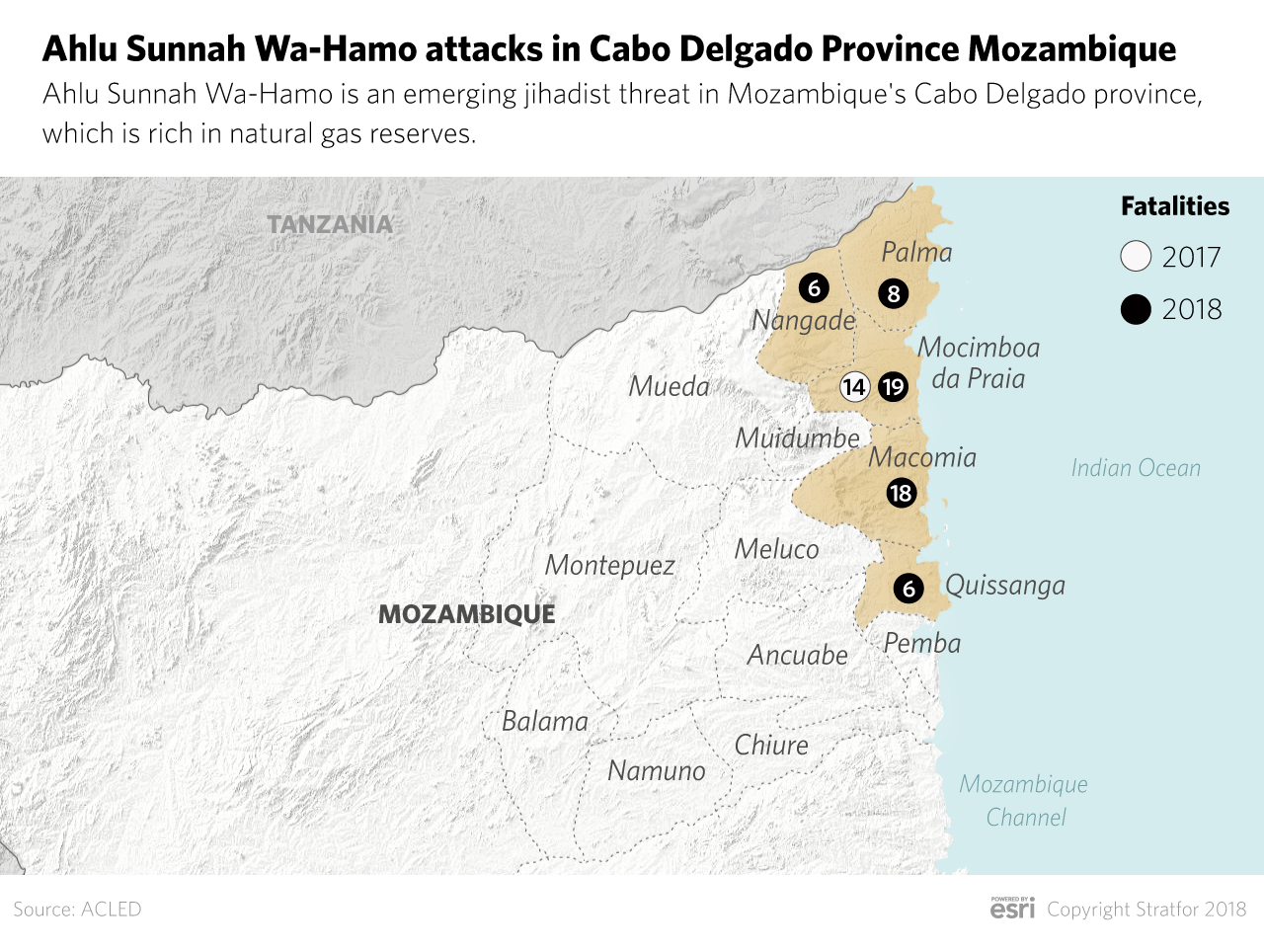 A map indicating the location of Ahlu Sunnah Wa-Hamo attacks in northern Mozambique.