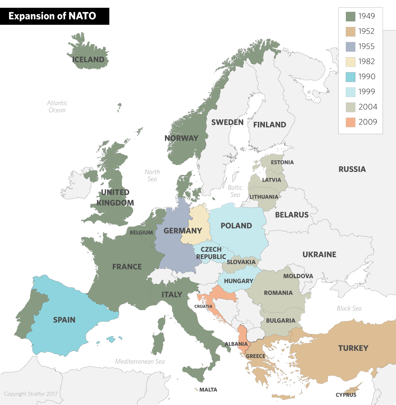 A map showing the expansion of NATO from 1949 to 2009
