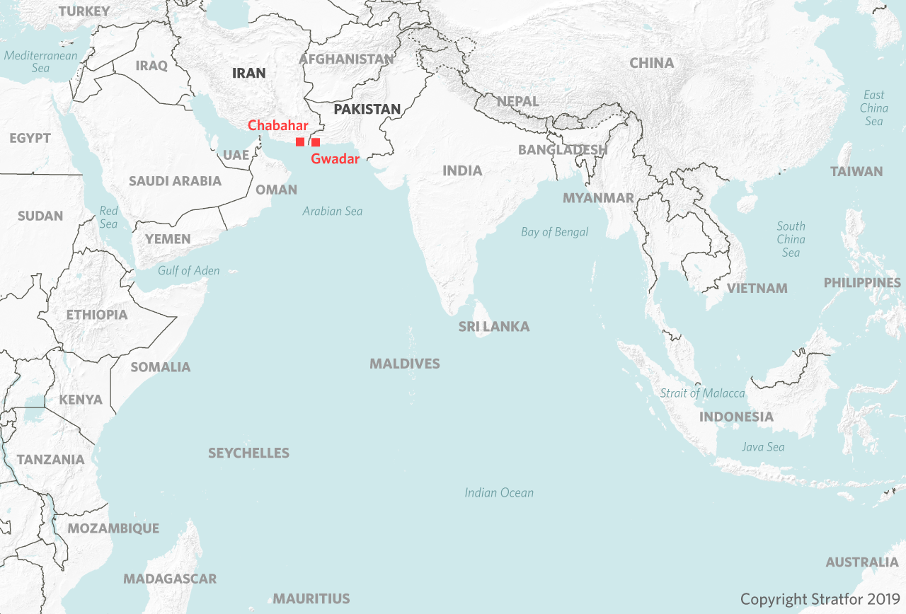 A map showing the location of the Chabahar port in Iran and the Gwadar port in Pakistan.
