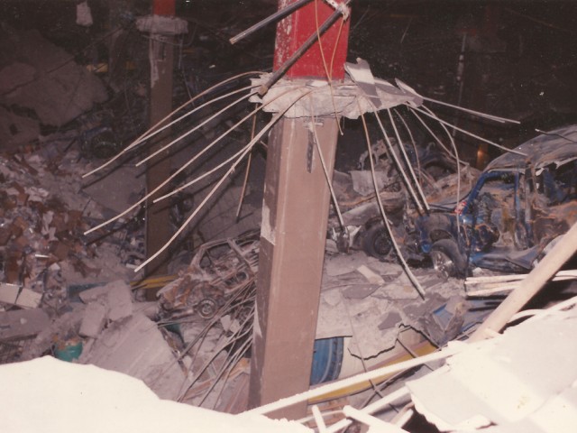 Rubble and debris cover the basement of the World Trade Center's North Tower.