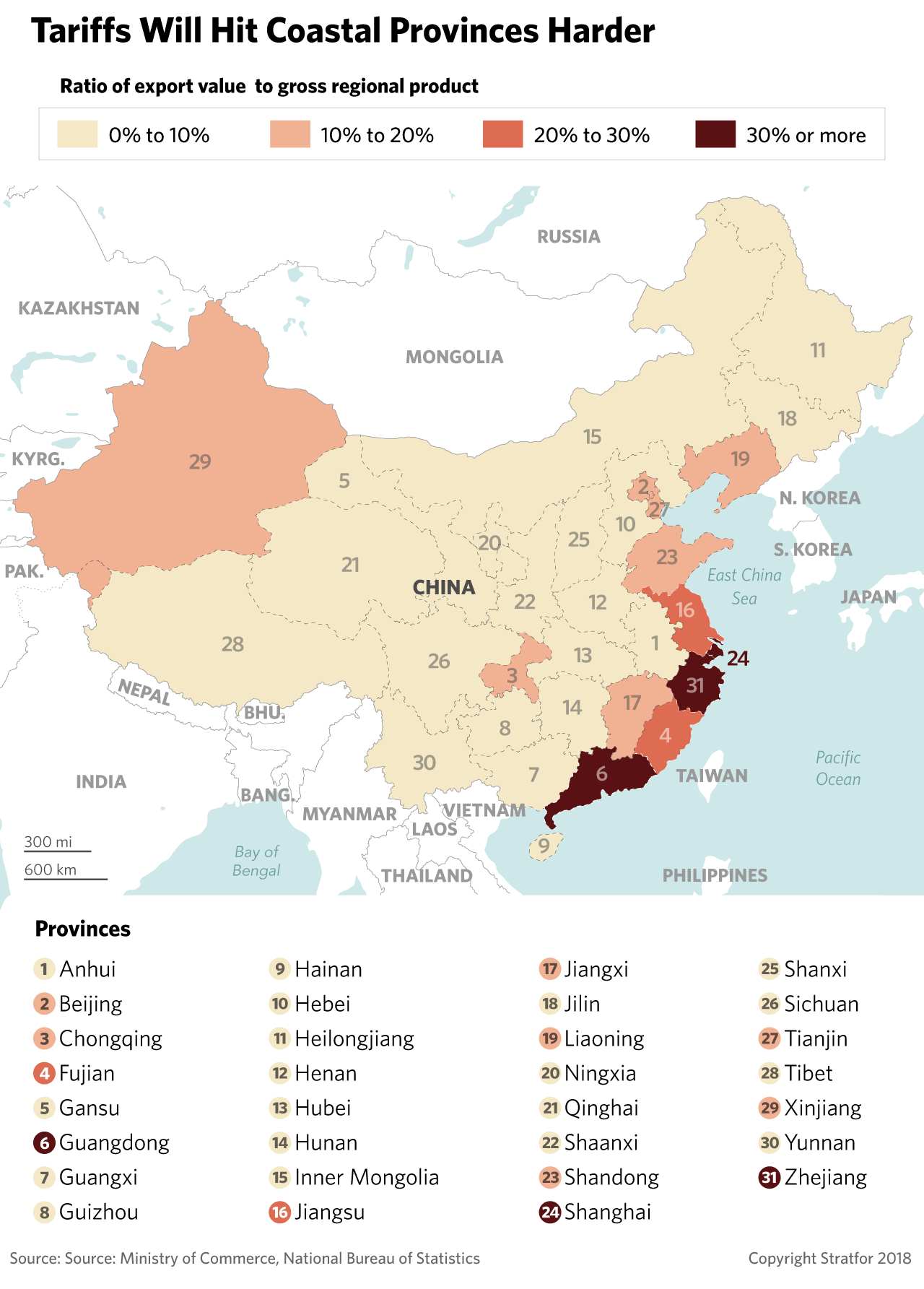 A map showing the effect that tariffs will have on China's provinces.