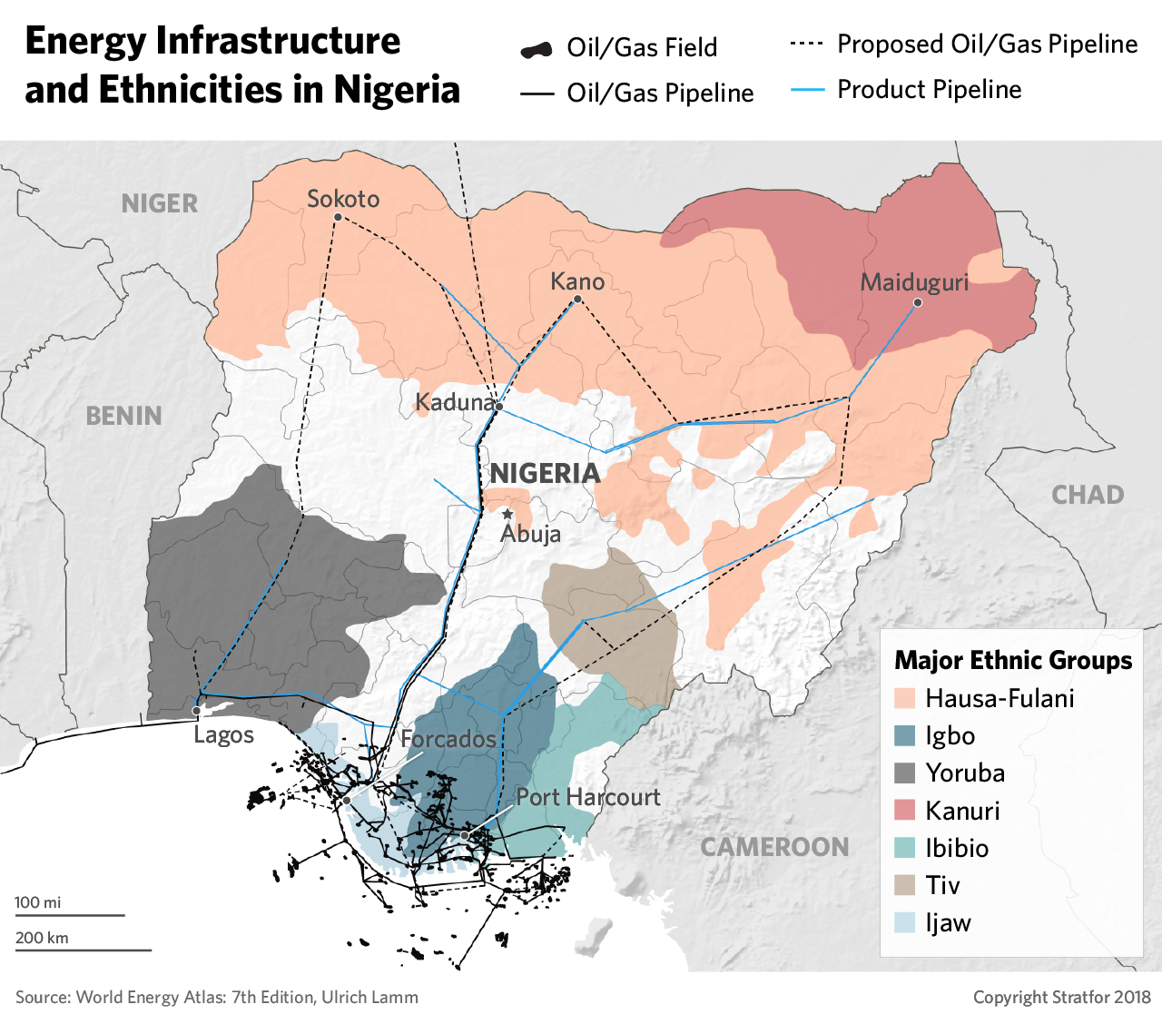 A map shows the major ethnic areas of Nigeria as well as the country's energy infrastructure.