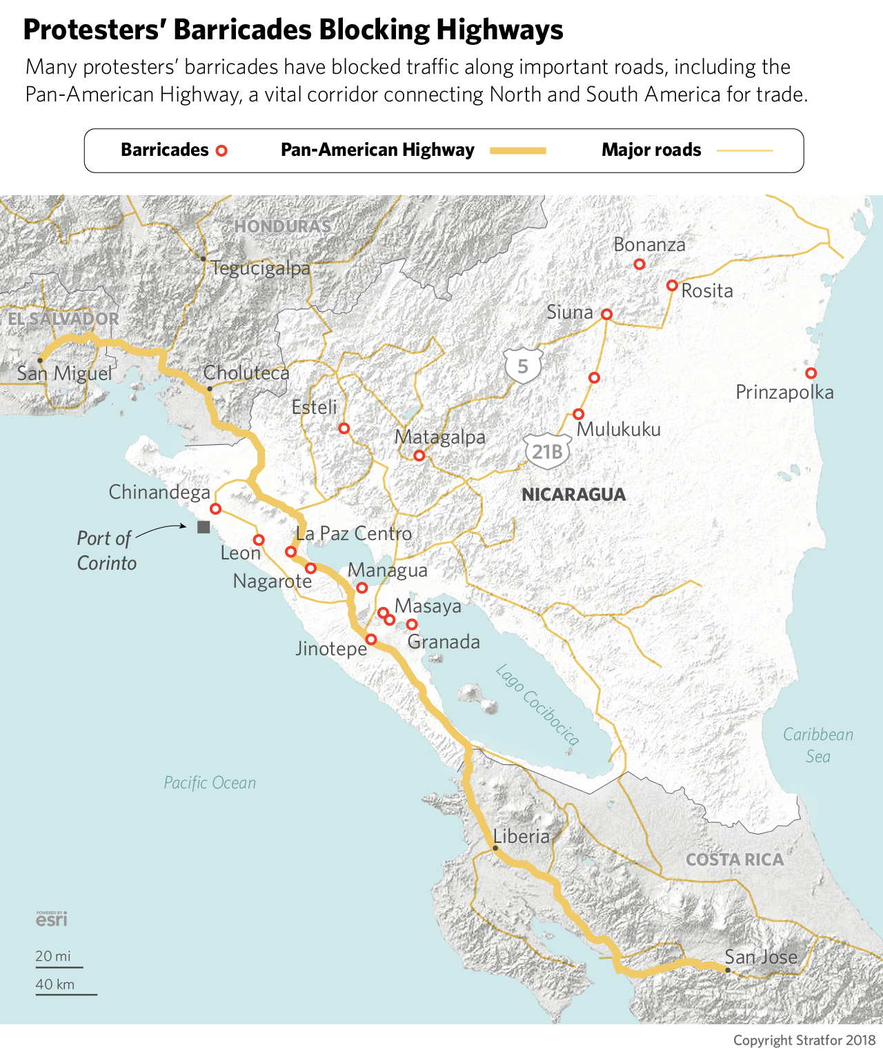 A map showing the locations of protest barricades in Nicaragua. 
