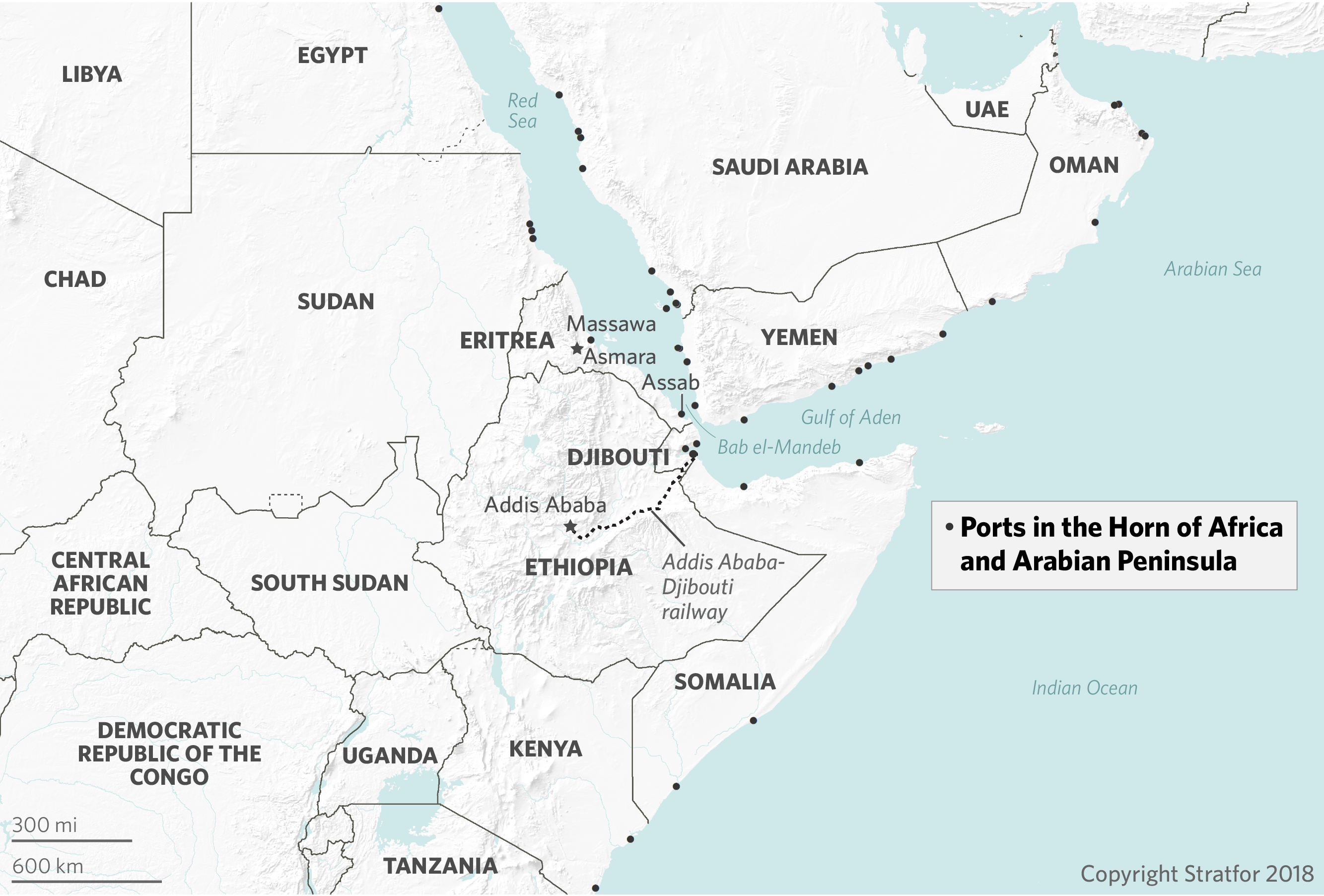 A map showing ports around the Horn of Africa.