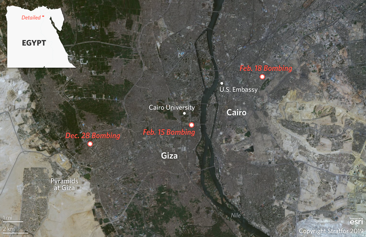 A map of three recent bombings in the Cairo area.