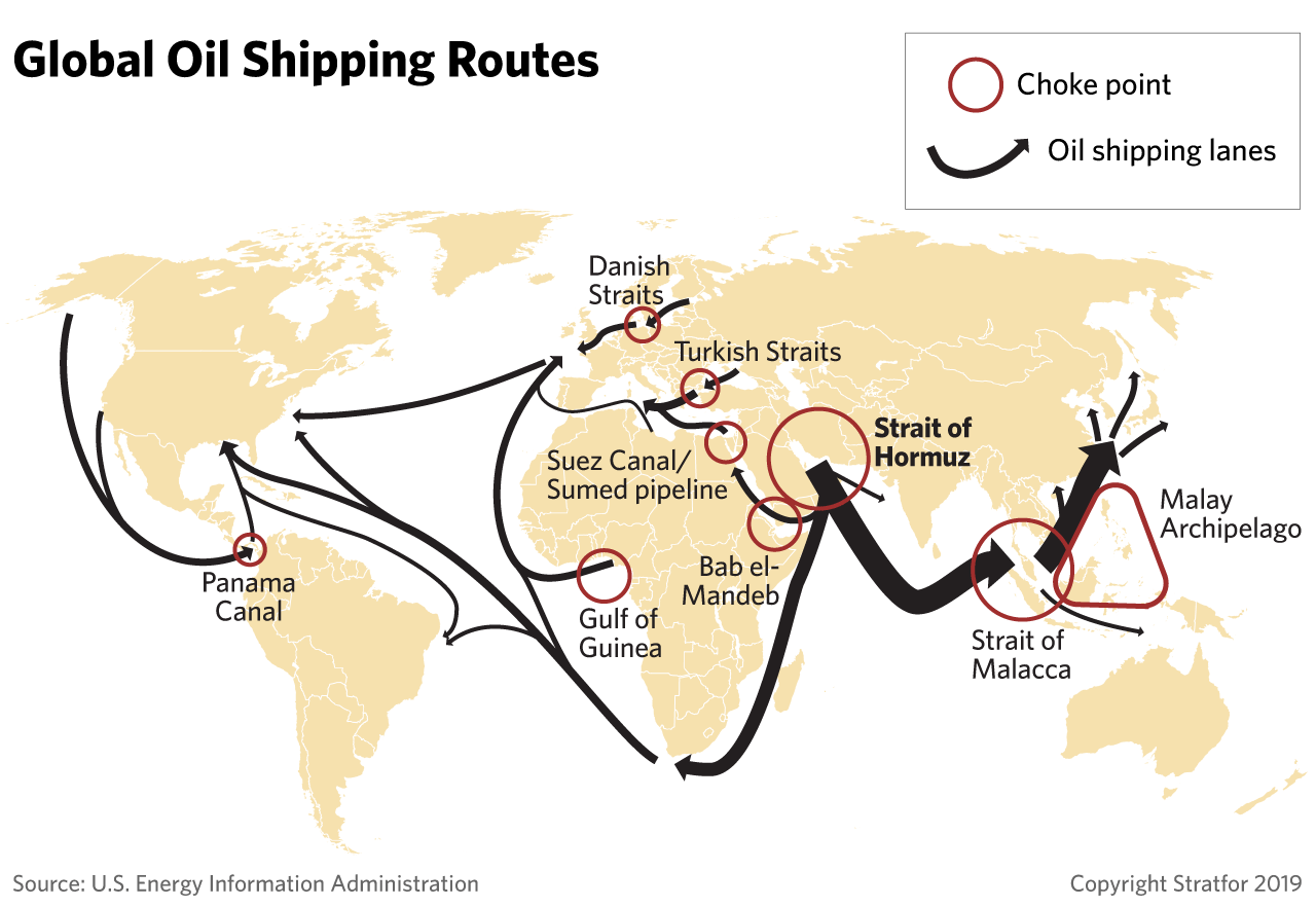A map showing global oil shipping routes.