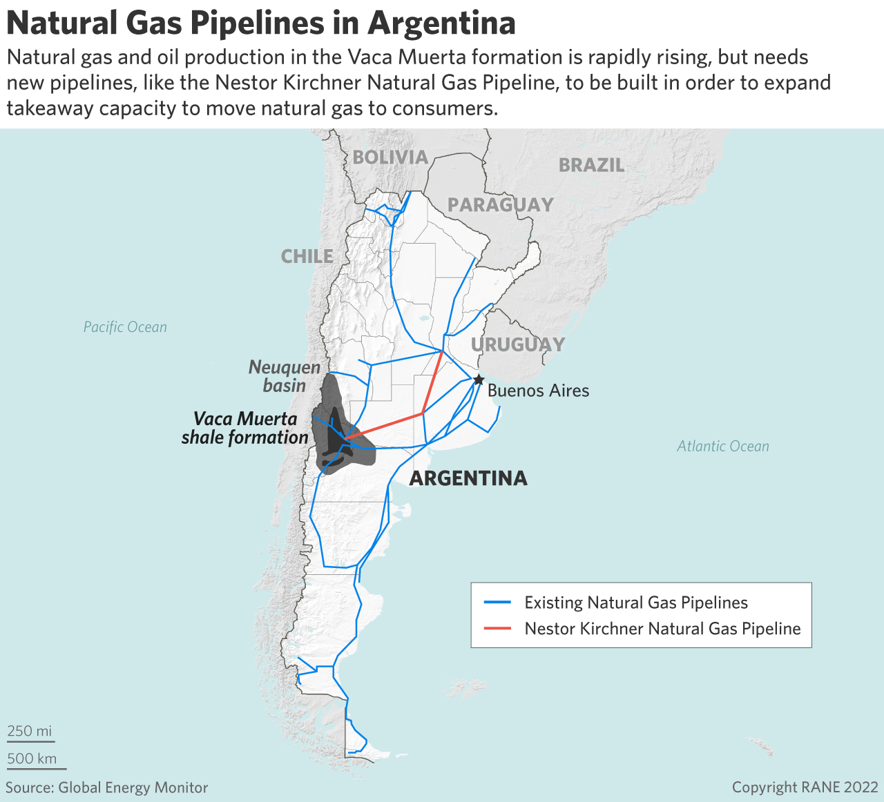 A map showing natural gas pipelines in Argentina