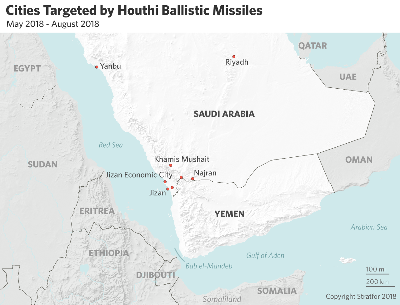 This map shows where Houthi missile strikes on Saudi Arabia landed