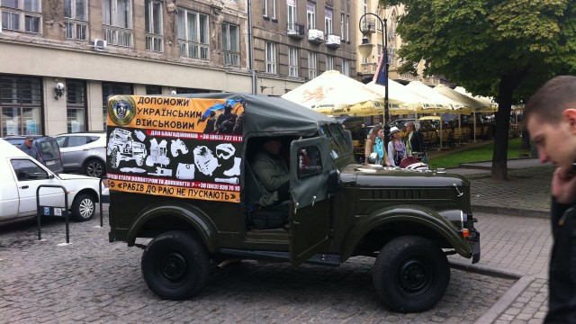 A truck soliciting donations to support the Ukrainian military's efforts in eastern Ukraine.