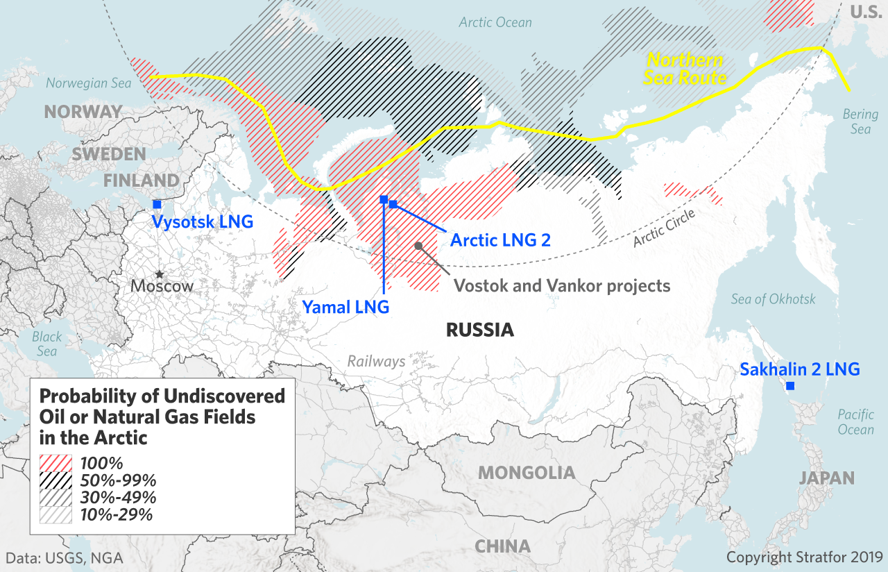 This map shows the probability of oil and gas deposits in Russia's Arctic region.