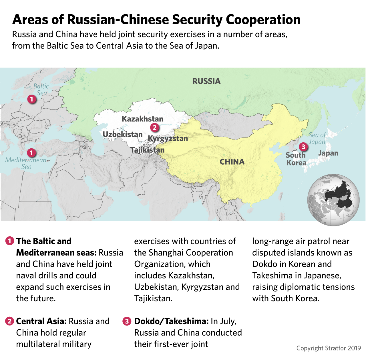 This map shows areas where Russia and China have conducted joint military exercises.