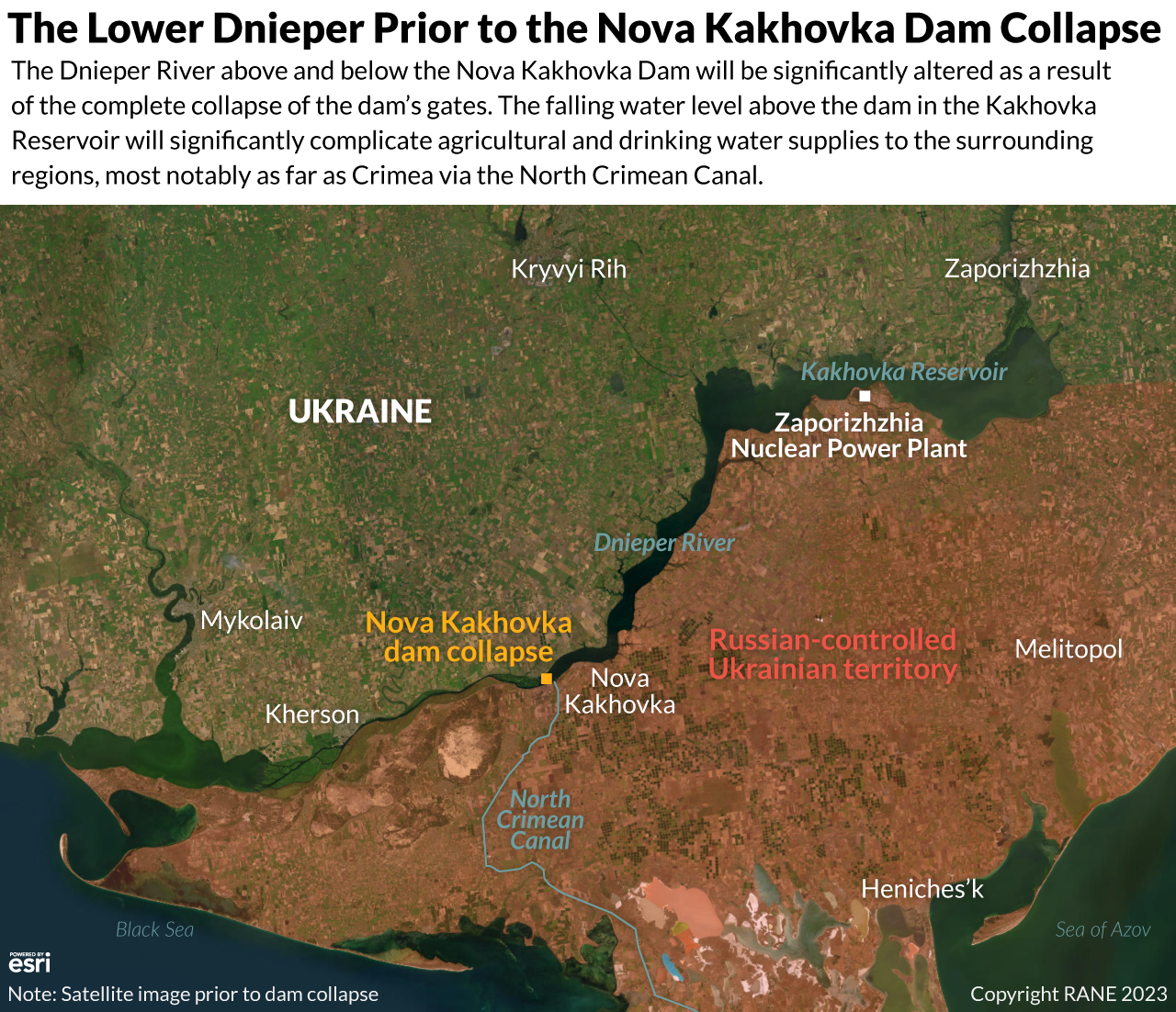 A map overlay of a satellite image showing the lower Dnieper River prior to the  Nova Kakhovka Dam Gate Collapse