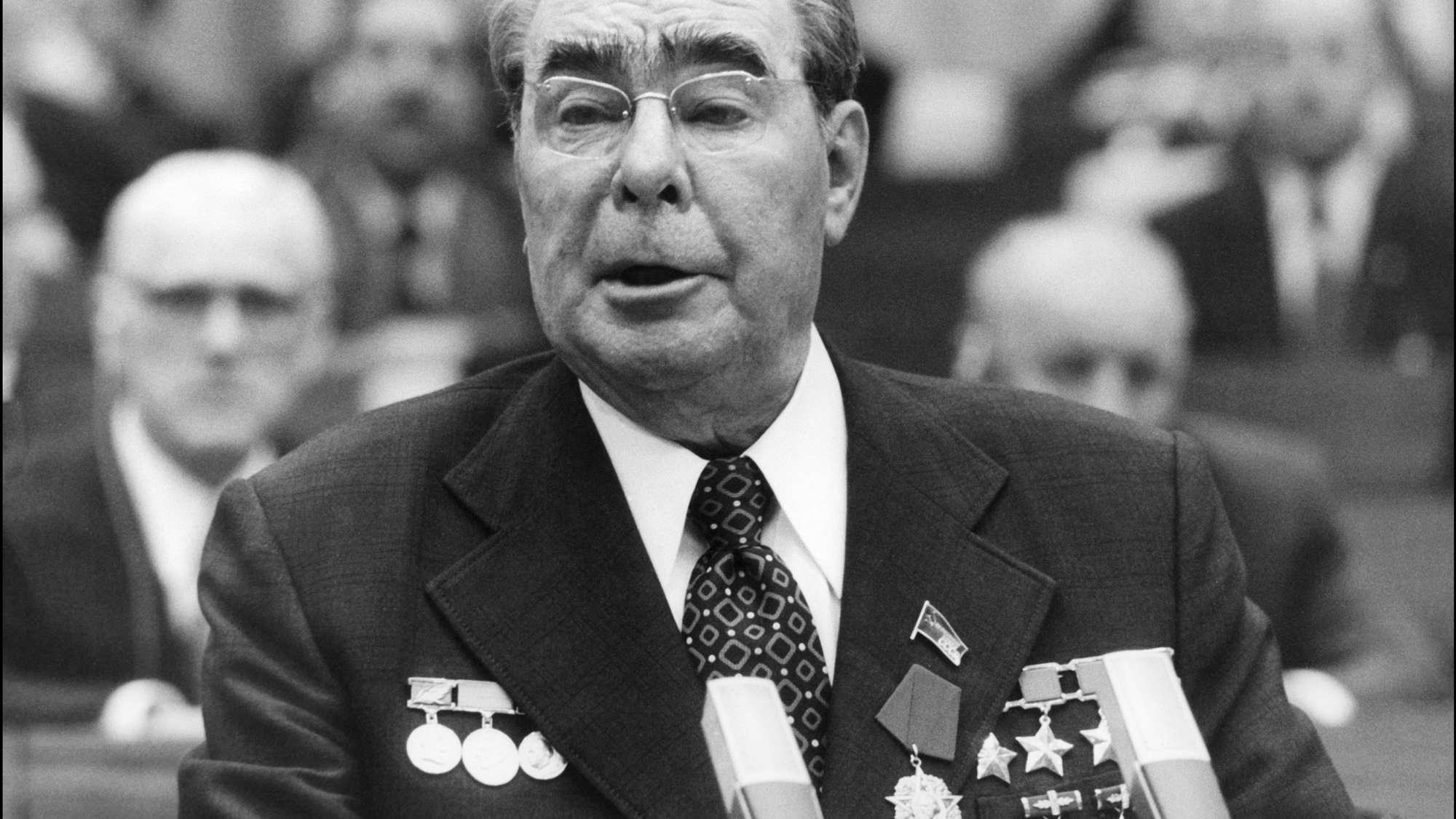 Soviet Secretary General Leonid Brezhnev delivers an address to commemorate the 30th anniversary of the German Democratic Republic's founding. 