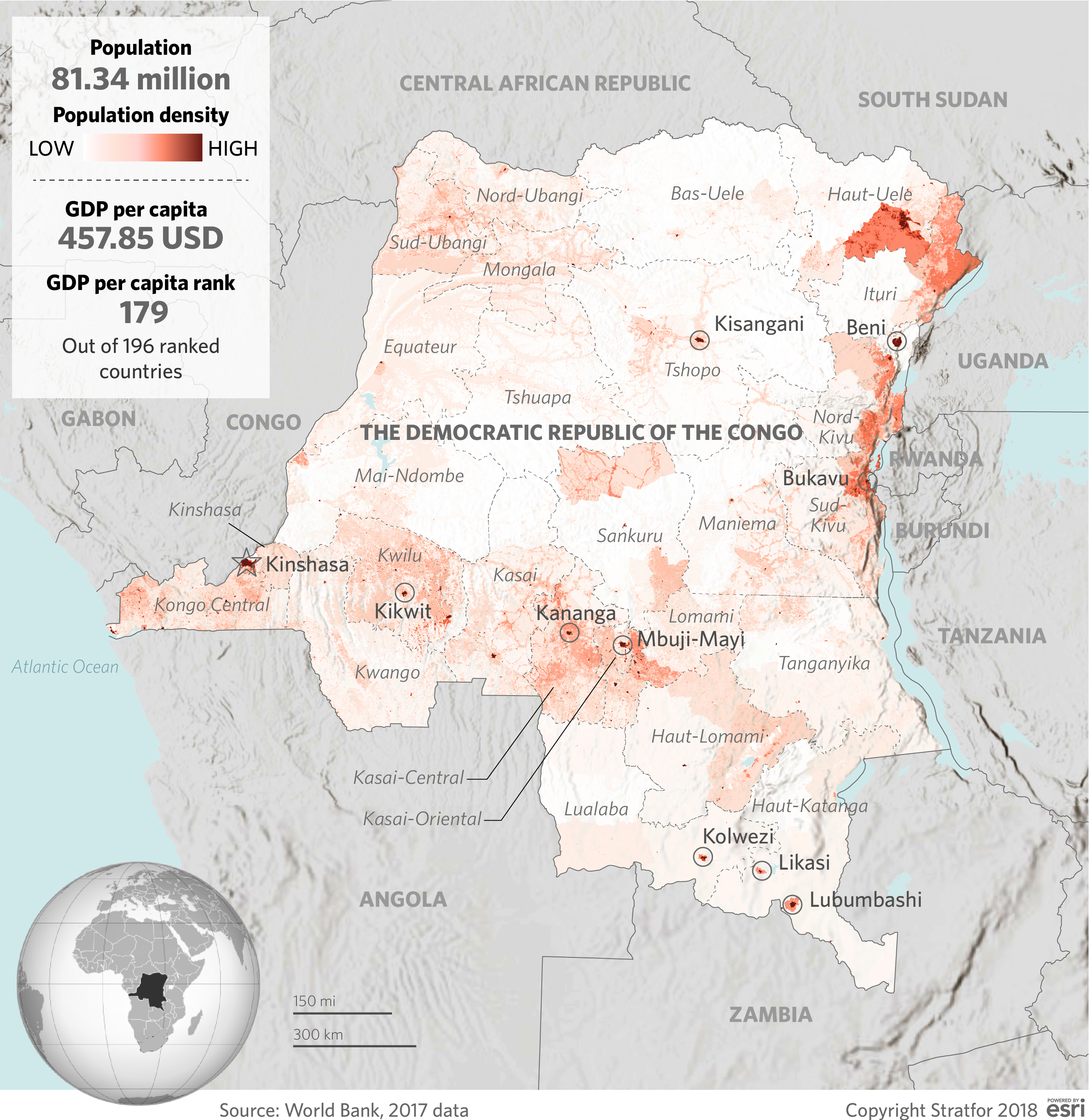 A map showing population density in the Democratic Republic of the Congo.