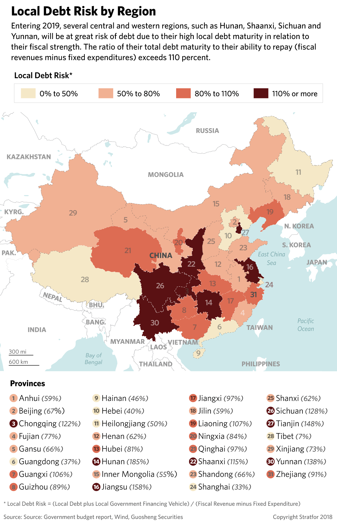 A map showing local debt in various Chinese regions.