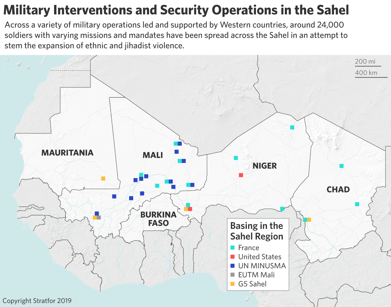 A map of military interventions and security operations in the Sahel