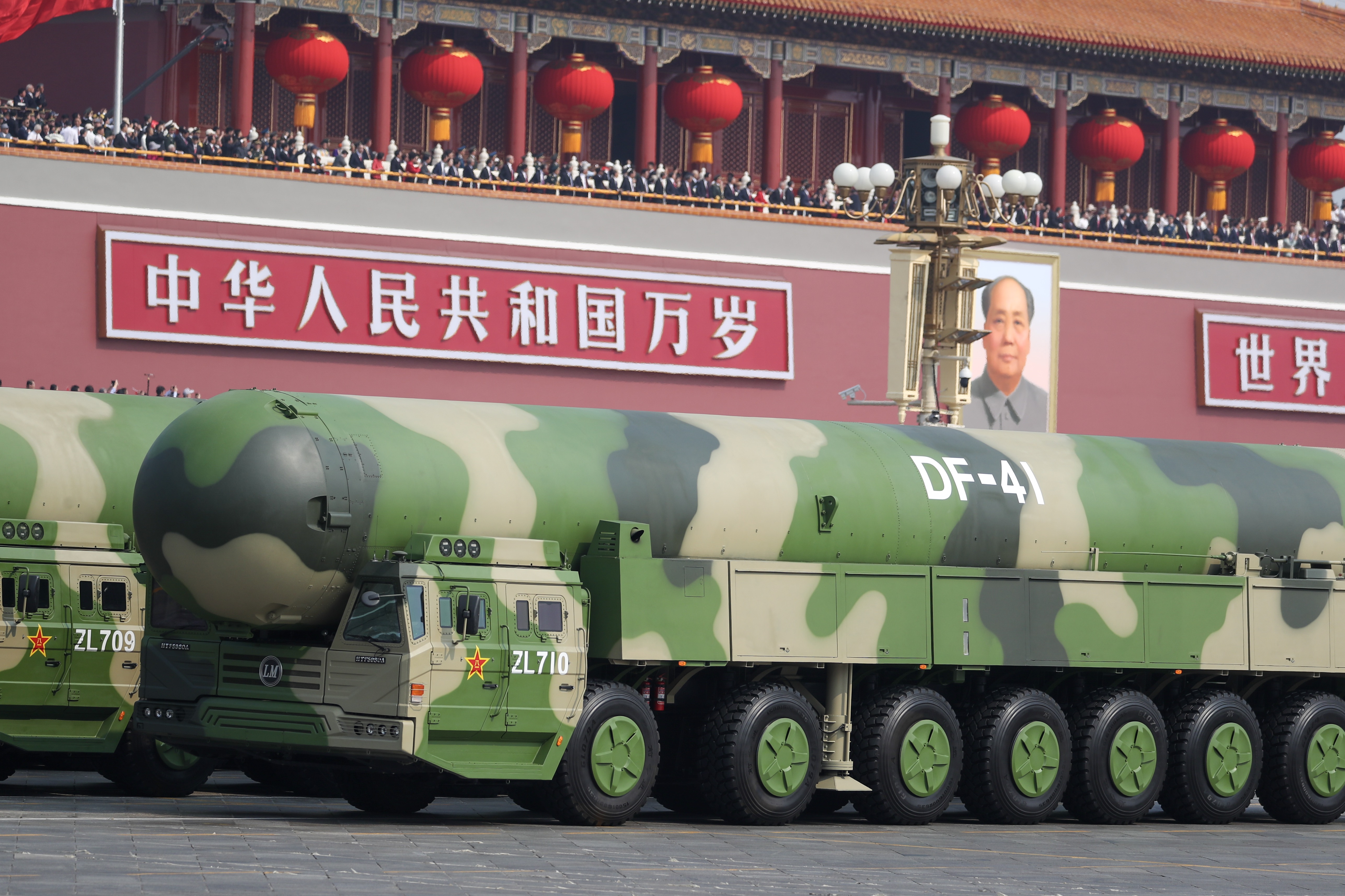 This photo shows China's DF-41 road-mobile intercontinental ballistic missile.