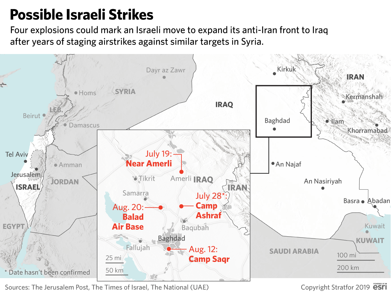 This map shows the locations of possible Israeli strikes against PMU facilities in Iraq