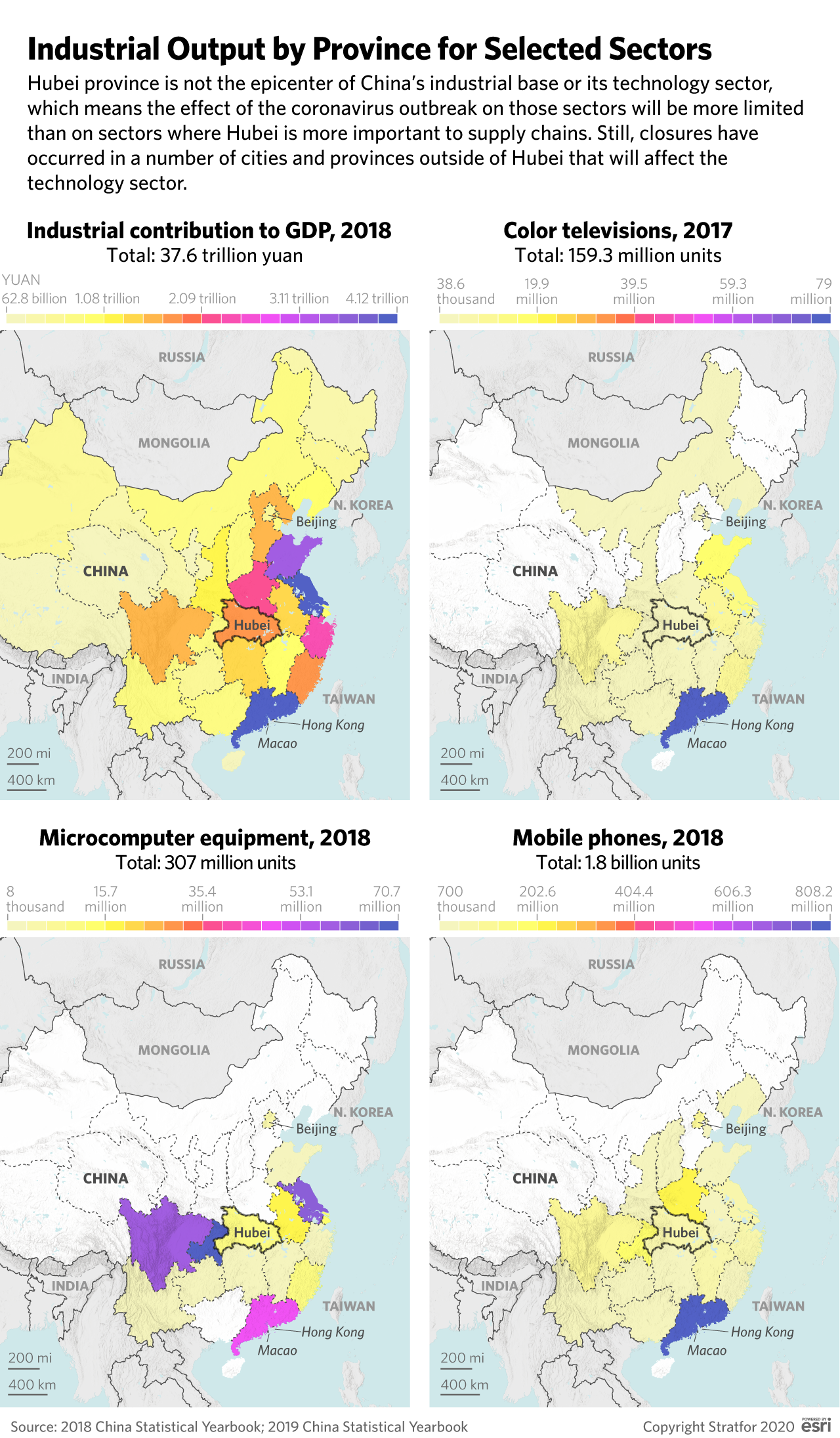 Four maps showing industrial output by Chinese province for selected sectors.