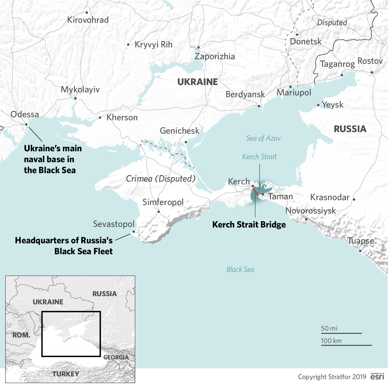 A map shows the Black Sea, Russia, Ukraine, Kerch Strait and the Sea of Azov.