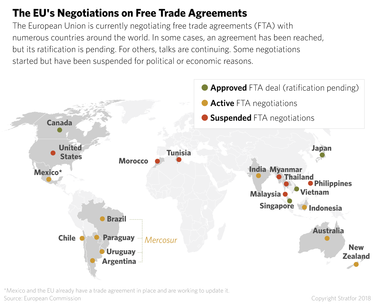 A map shows the countries involved in free trade negotiations with the European Union
