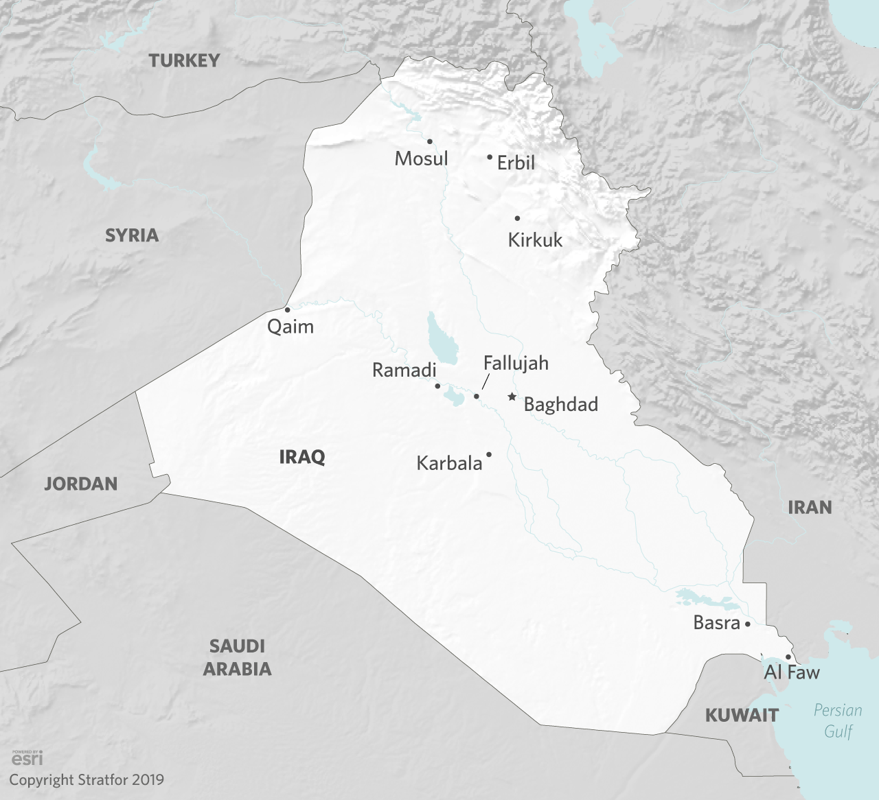 This map shows the location of several key cities in Iraq.