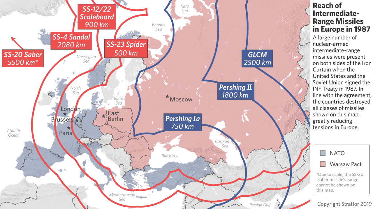 This map shows the ranges of missiles before the implementation of the INF Treaty in 1987.