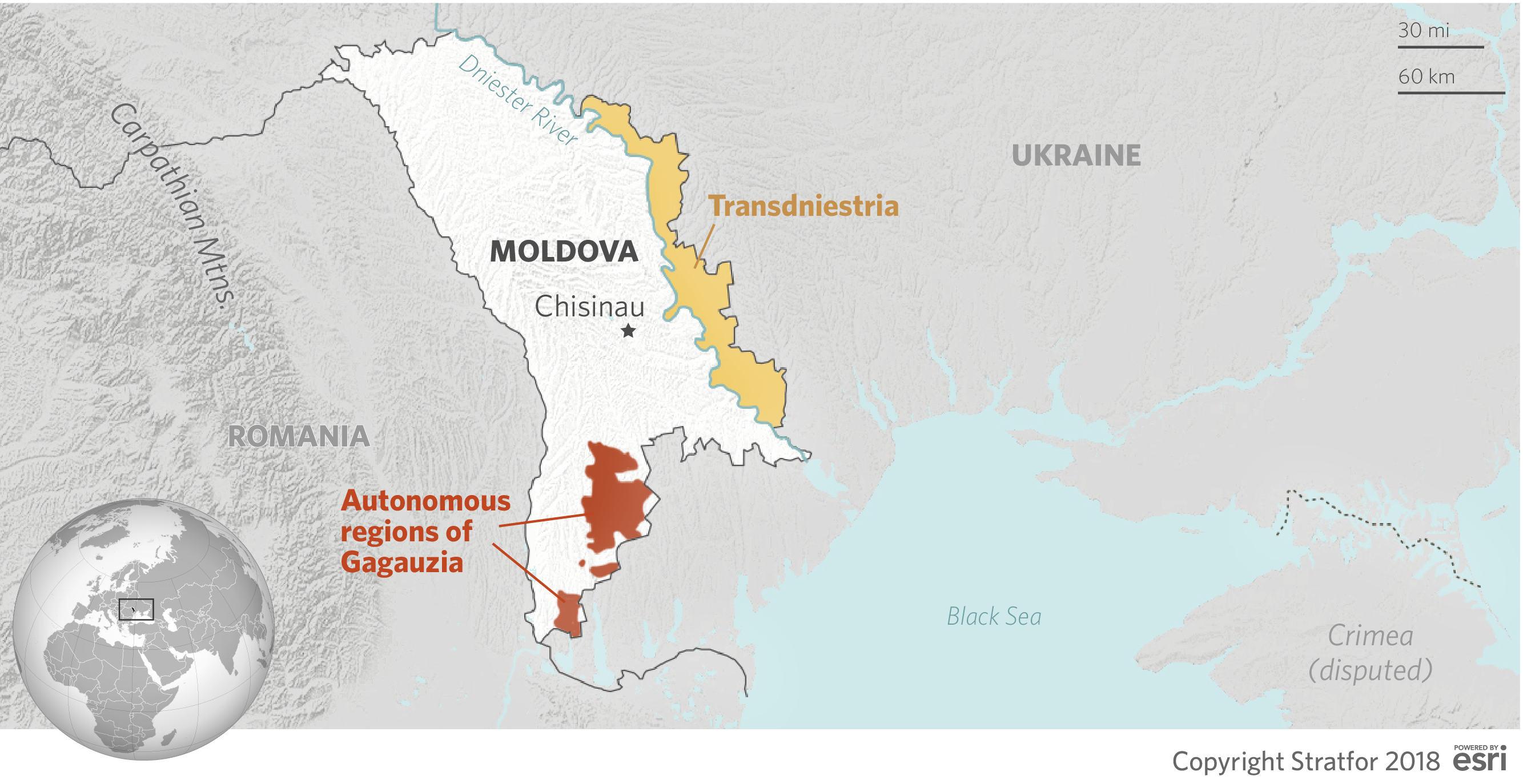 This maps shows Moldova, as well as its autonomous region of Gagauzia and the breakaway region of Transdniestria.
