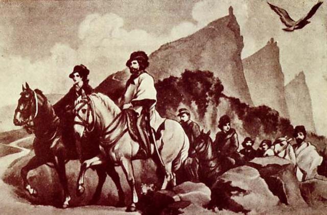 A picture depicting Italian revolutionary Giuseppe Garibaldi and his wife, Anita, traveling to take refuge in San Marino in 1849.