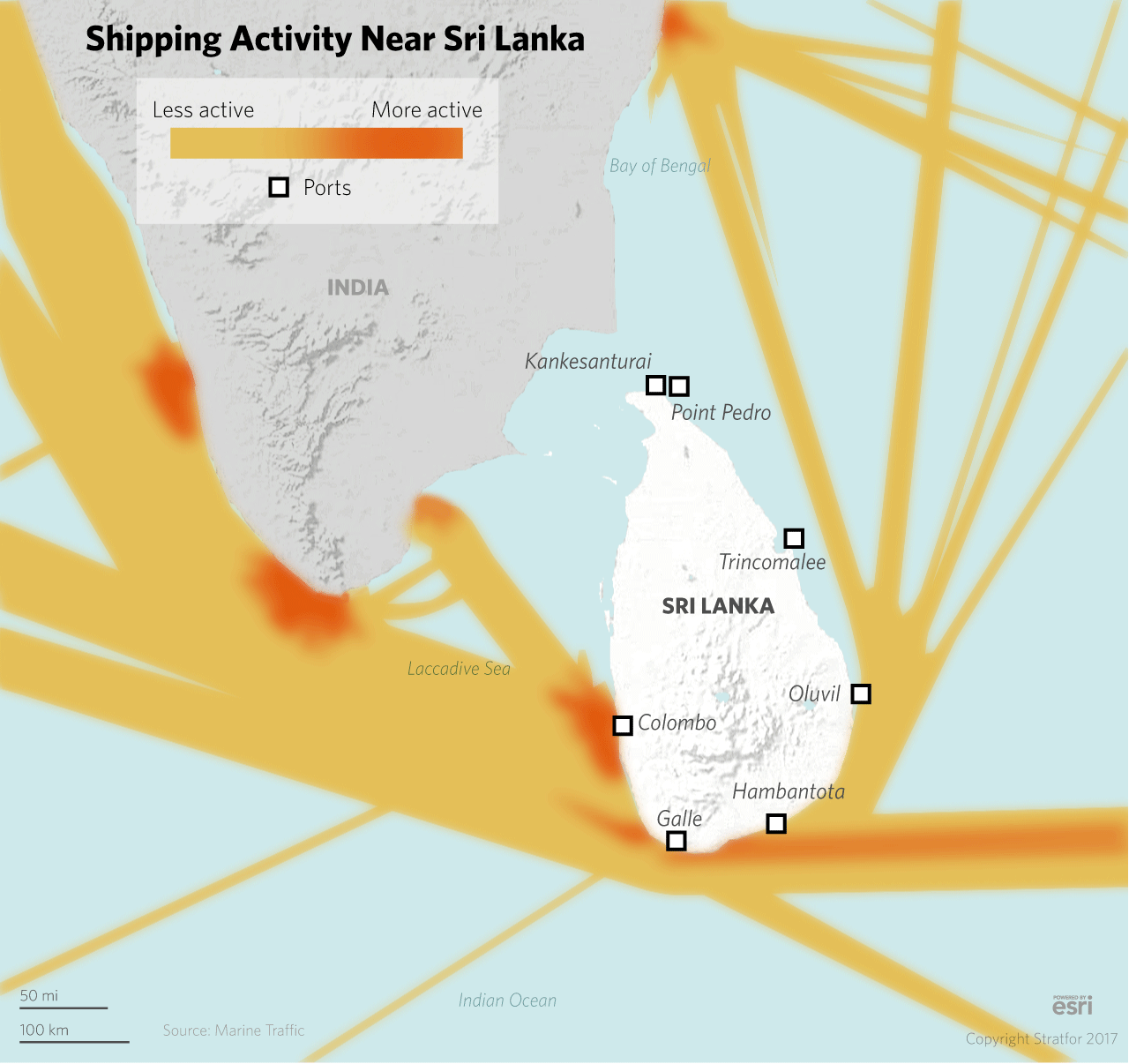 Despite its small size, Sri Lanka holds substantial strategic value by virtue of its geographic position: It is at the center of Asia's busiest maritime routes and has a wealth of natural deep harbors.