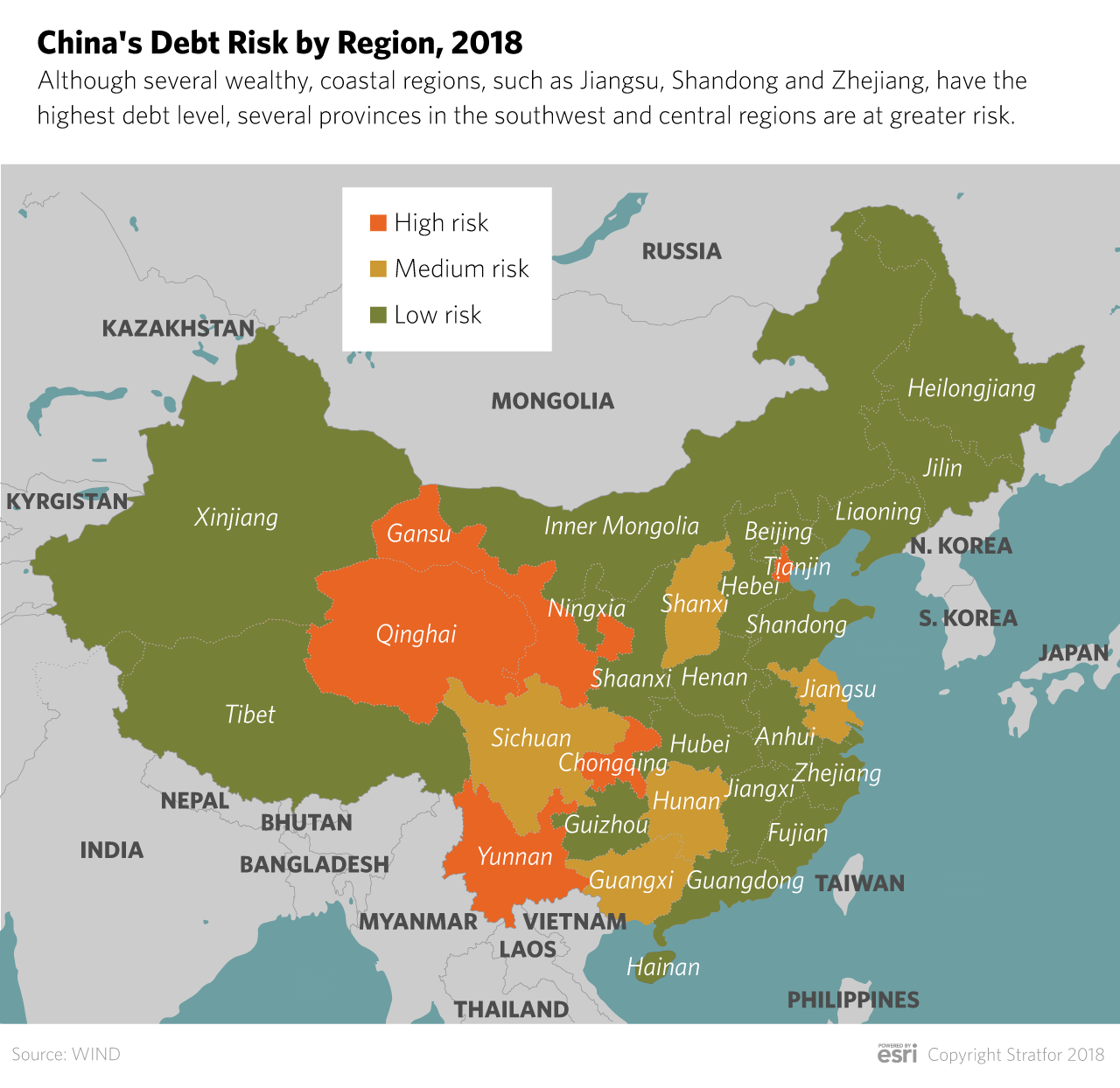 A map of China shows the provinces at greatest risk of local government financial trouble.