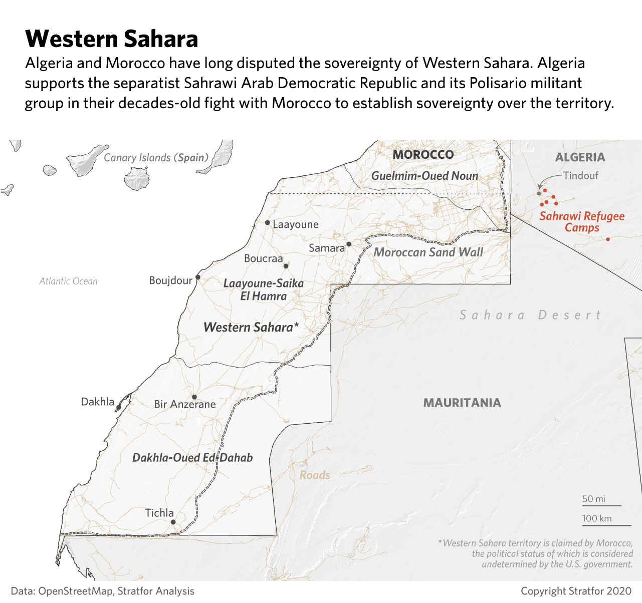 This map shows areas of control in Western Sahara between Morocco and Sahrawi separatist forces.