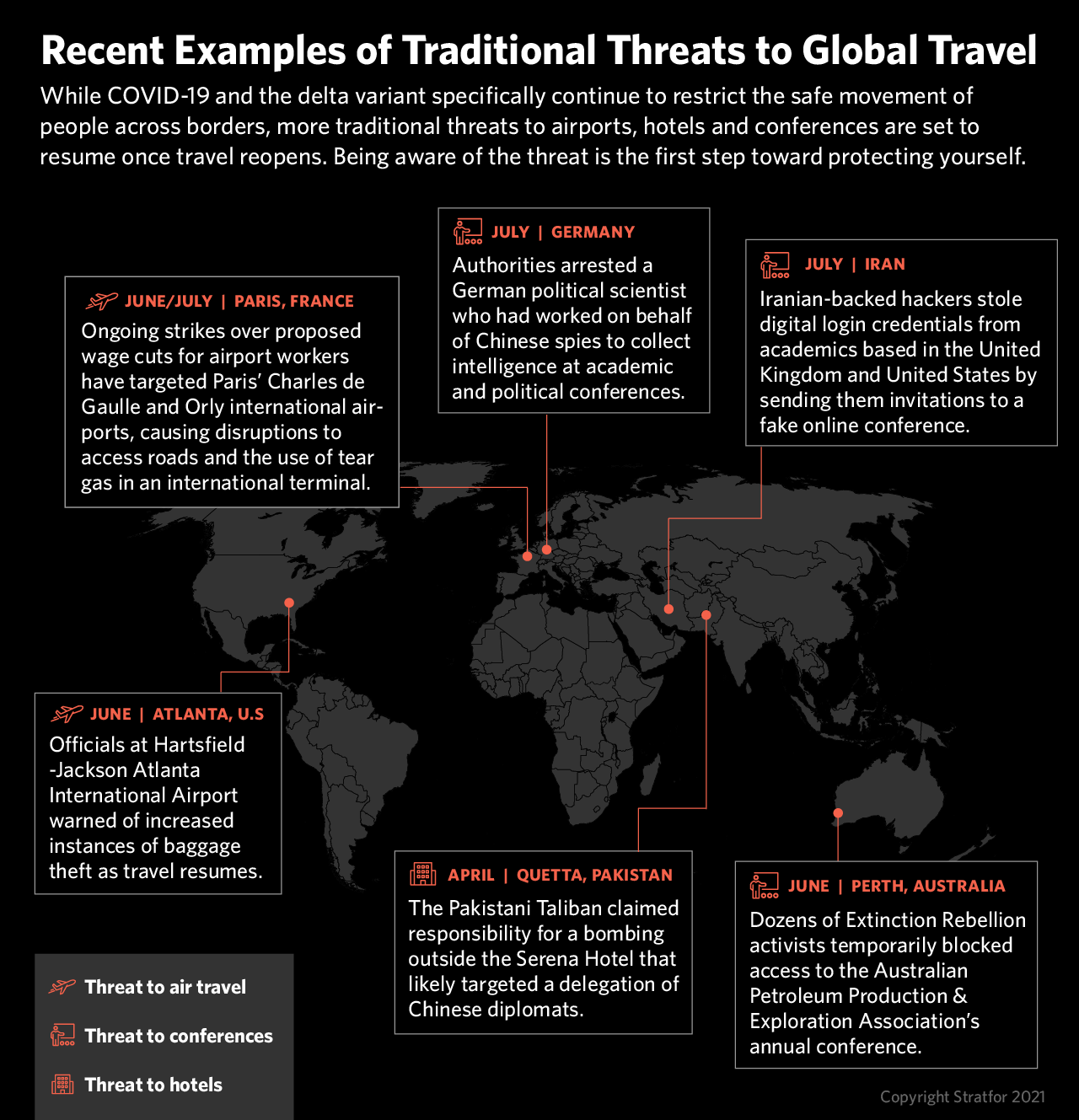A Map Showing Recent Examples of Traditional Threats to Travel