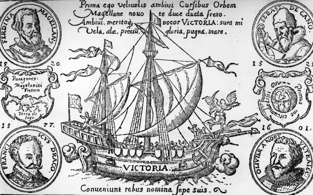An engraving of the Victoria, the first ship to circumnavigate the globe.