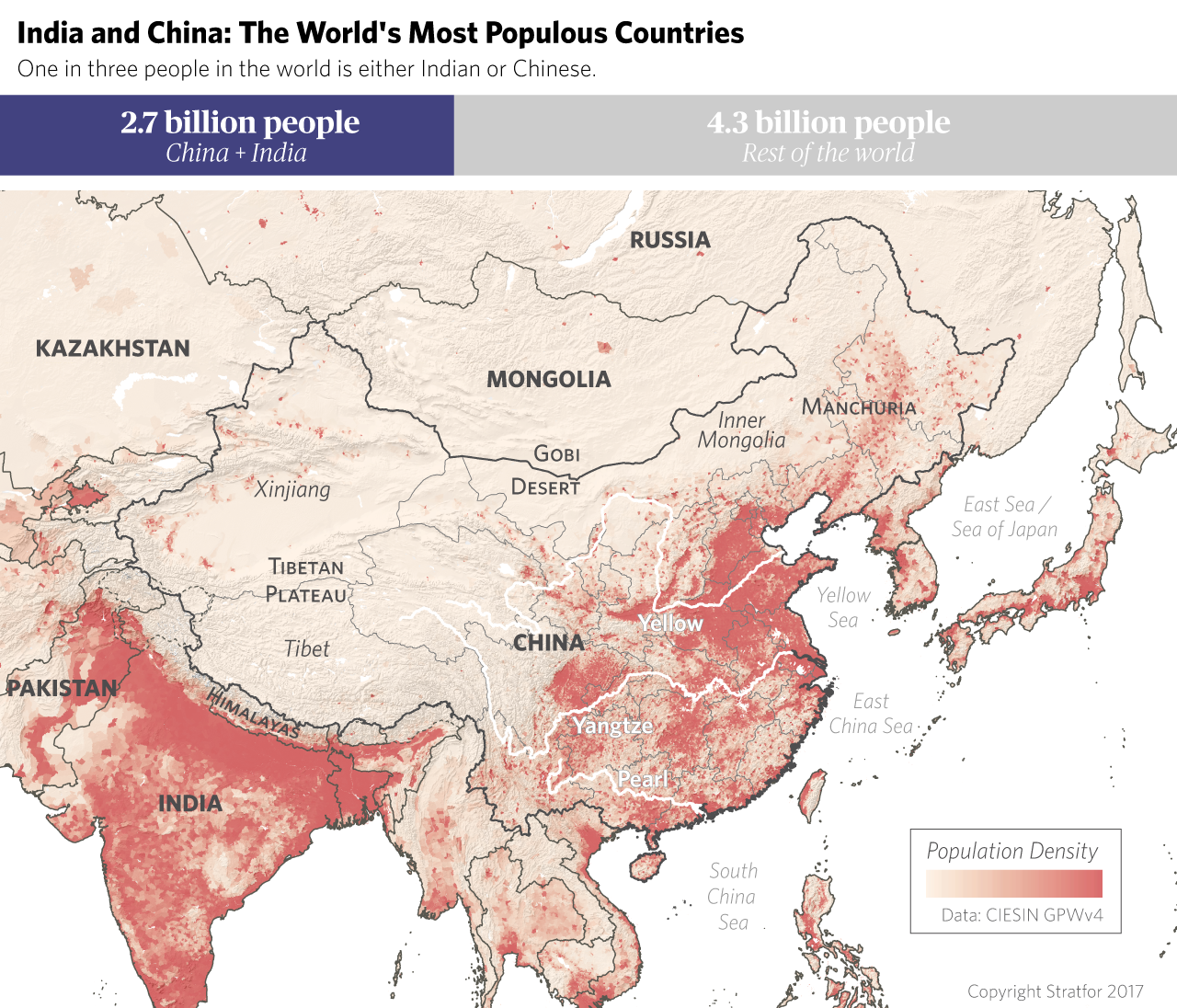 A map shows the population distribution across India and China