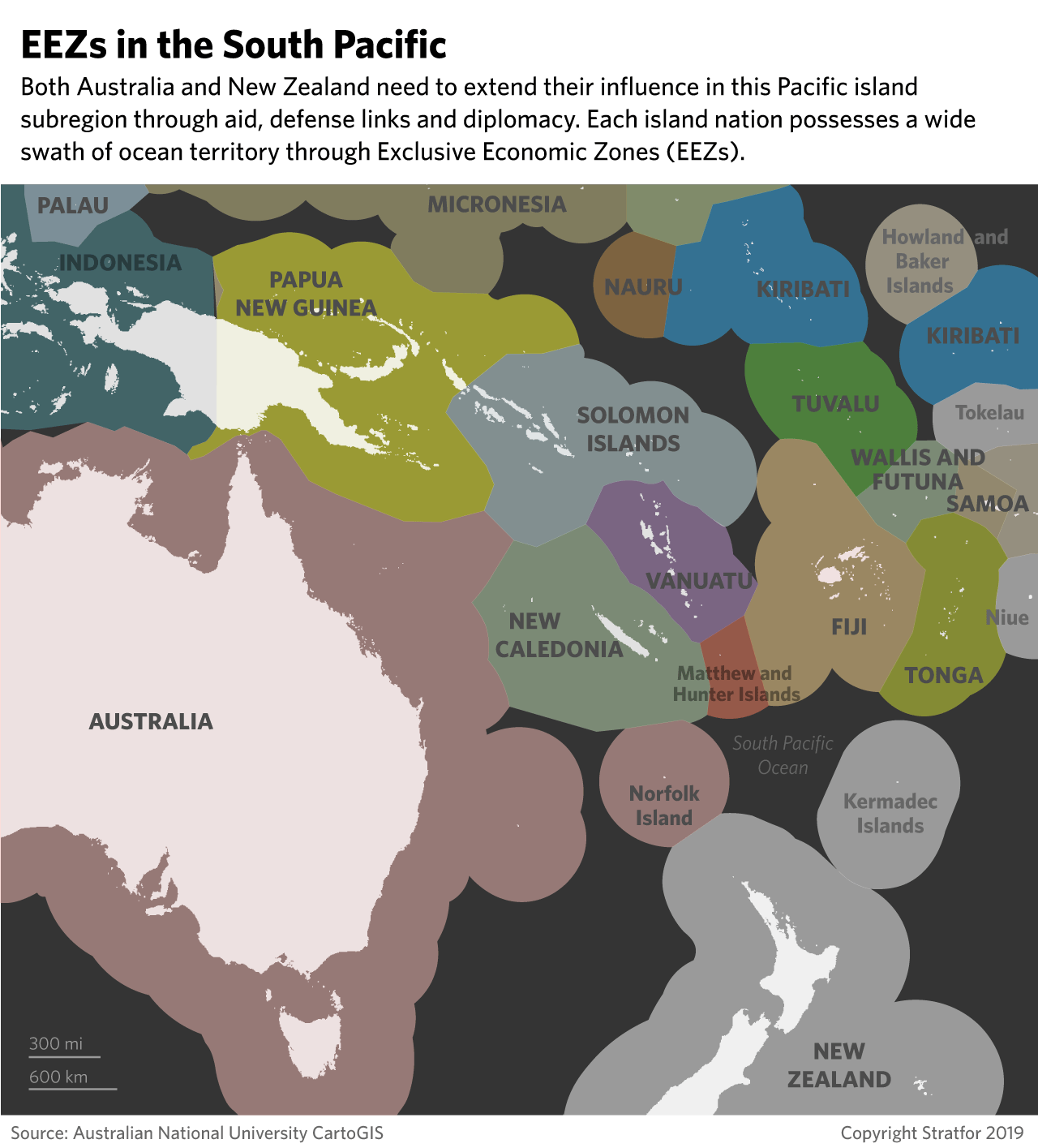 This map shows the Exclusive Economic Zones among islands in Melanesia