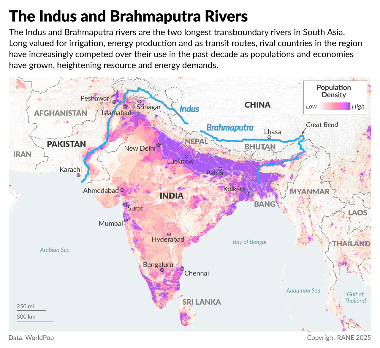 A population density map of South Asia and the Indus and Brahmaputra rivers