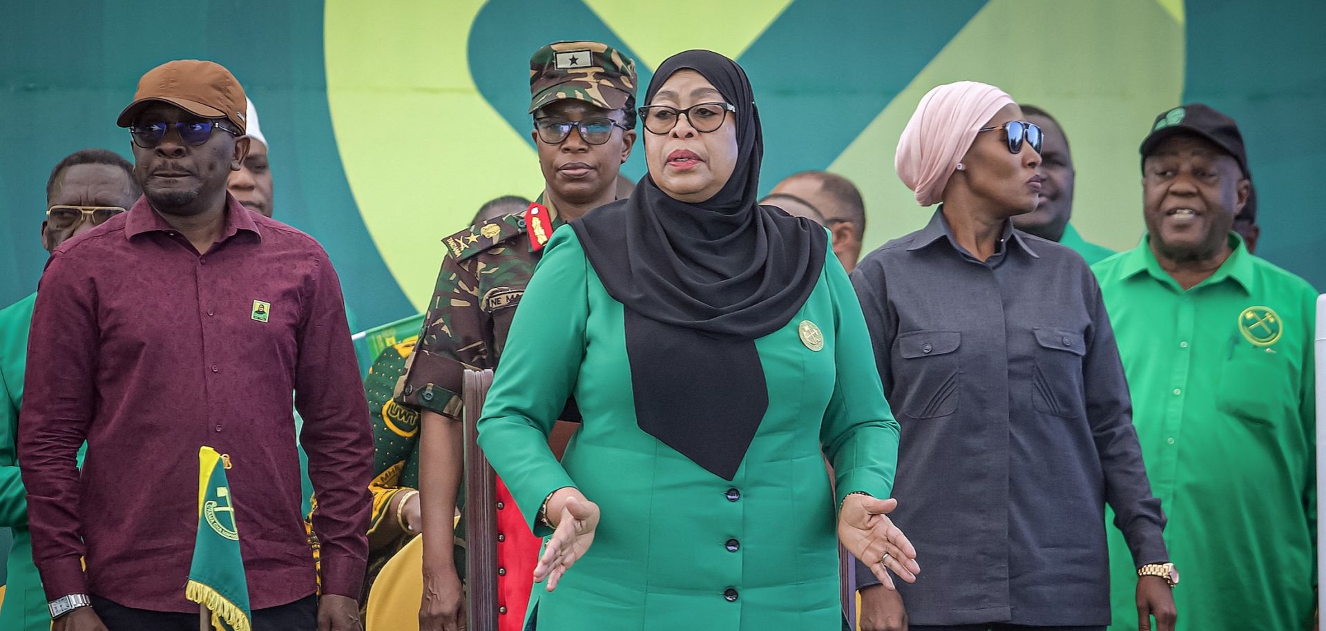 Tanzanian President Samia Suluhu Hassan of the ruling Chama Cha Mapinduzi (CCM) party reacts on stage during a rally in Dar es Salaam on Aug. 28, 2025, to officially launch the CCM's campaign ahead of the Tanzanian general election.