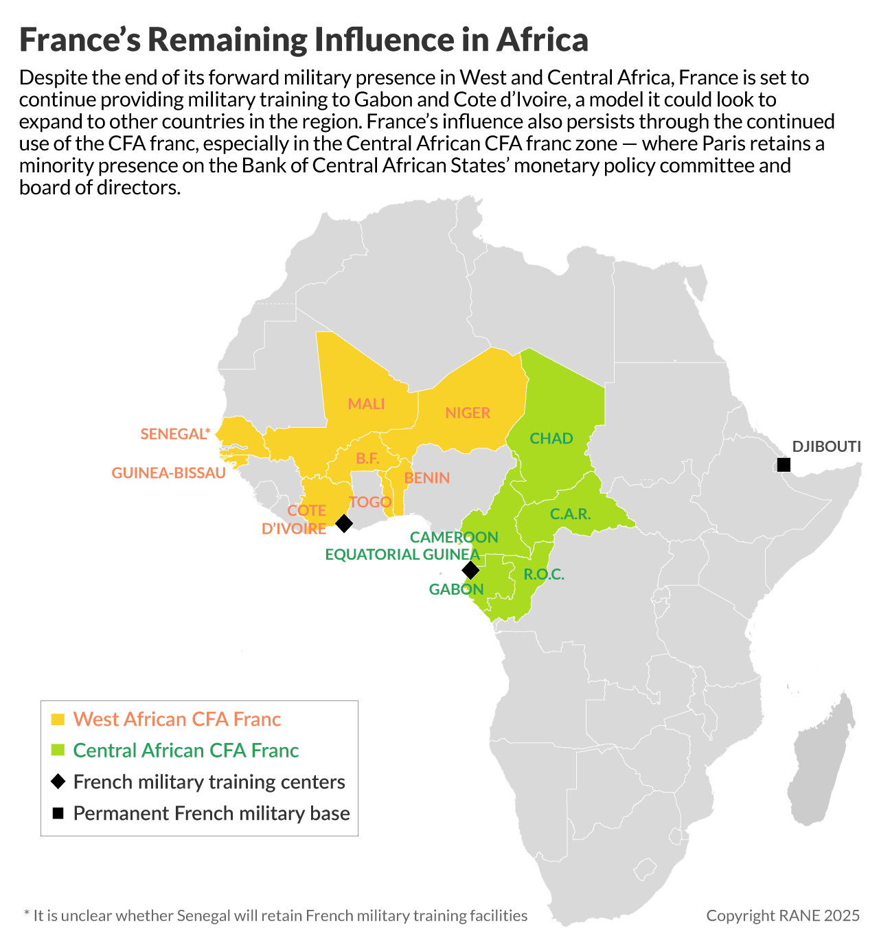 A map of France's remaining influence in Africa