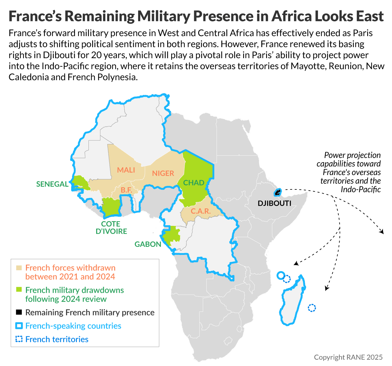 A map of France's remaining military presence in Africa projecting power eastward