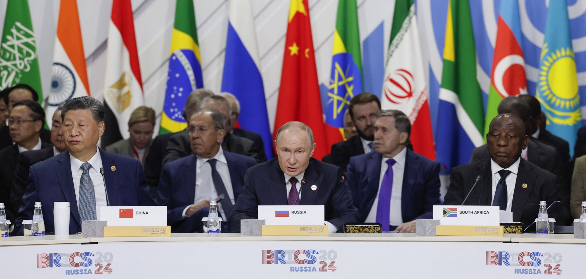 (From left to right) Chinese President Xi Jinping, Russian President Vladimir Putin, and South African President Cyril Ramaphosa attend a plenary session at the BRICS summit in Kazan on Oct. 24, 2024.