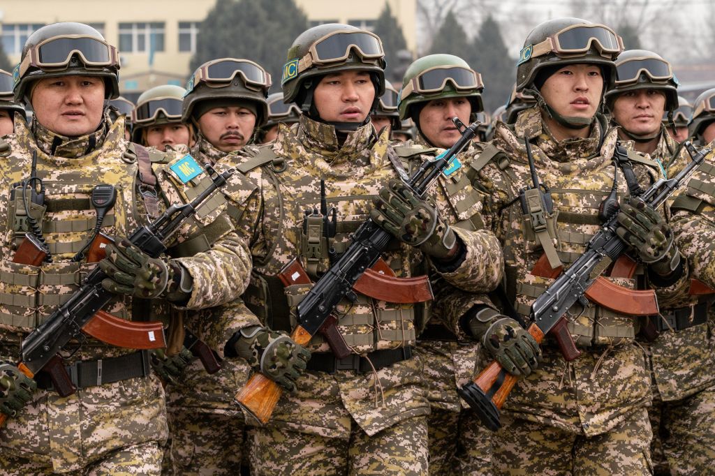 Collective Security Treaty Organization soldiers attend a ceremony marking the end of their mission in Almaty, Kazakhstan, on Jan. 13, 2022.