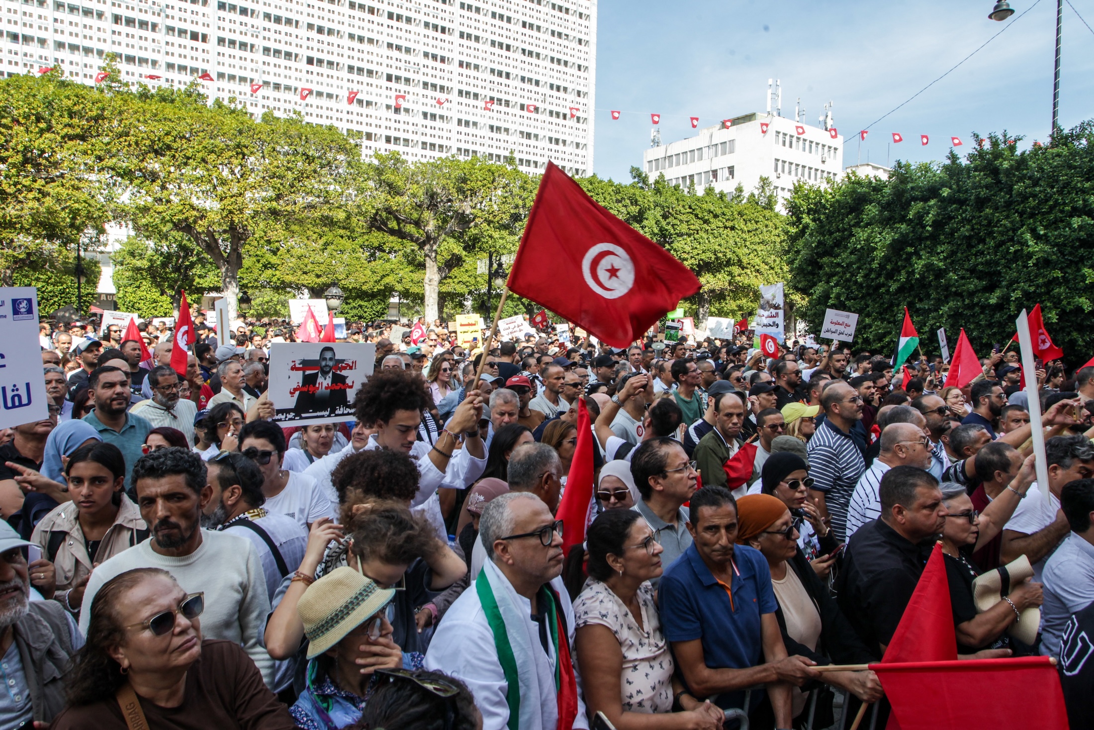 Supporters of the Tunisian General Labour Union (UGTT), alongside members of national organizations and civil society groups, participate in a protest in Tunis, Tunisia, on Oct. 17, 2026.