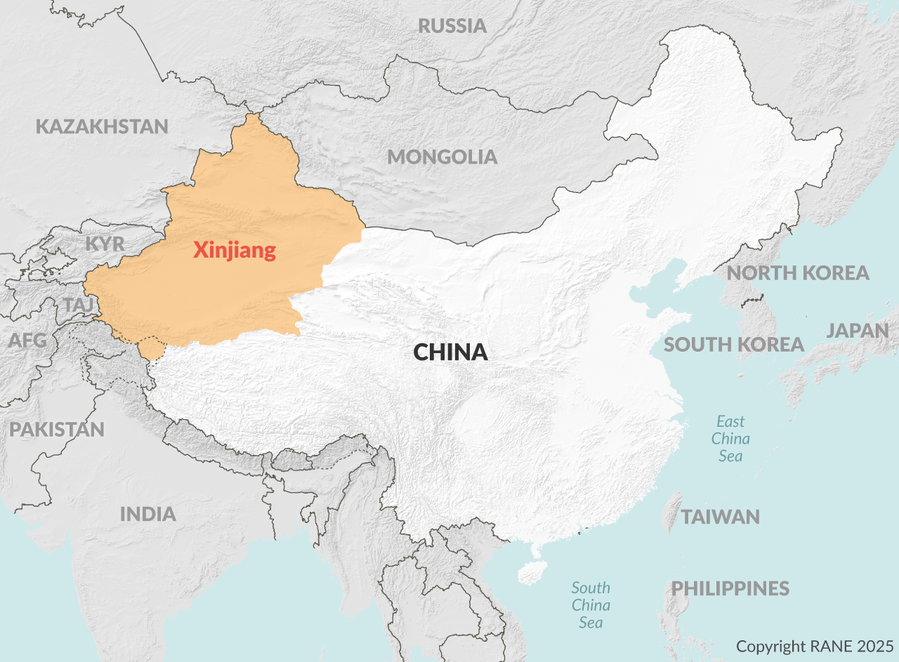 A map of China with its Xinjiang region highlighted